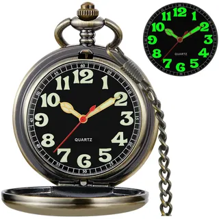 Tiong Silber/Schwarz/Bronze, transparente Abdeckung, Quarz-Taschenuhr, leuchtendes Zifferblatt, Edelstahl, Taschenuhr, Geschenk für Herren, mit Kette, 65-Bronze, Klassisch