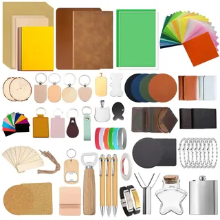 144-teiliges Lasergravurmaterial-Set, 29 Arten von Lasergravur-Zubehör, einschließlich Acryl, Holz, PU-Leder, Glas, Metall, Stein, Stoff, Gummimaterialien für Laserschneider, Gravierer