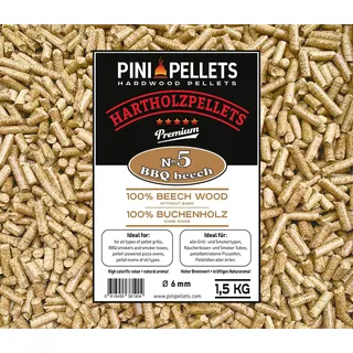 PINI Hartholzpellets 100% Buche No 5 BBQ Beech 1,5 Kg Grillpellets zum Grillen Räuchern Smoken und für Pizzaofen