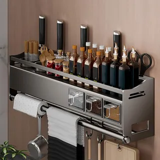 Giural 43cm,Gewürzregal Wand mit Küchenrollenhalter und Haken und Gewürzbox, Küchenregal Ohne Bohren aus Metall, Spice Rack, Gewürz Organizer Hängend für Küchen und Bad Organizer
