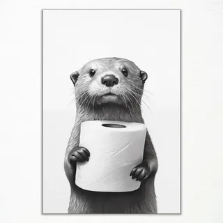 Schwarz-weißes Badezimmer-Wandkunst, lustiges Badezimmer-Poster, Tierbild für die Wand, niedlicher Otter hält eine Rolle Toilettenpapier, bezaubernde Wanddekoration, 40,6 x 61 cm, ungerahmt