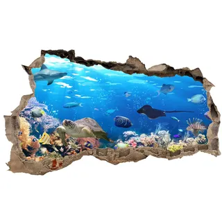 3D Wandtattoo Mauerloch Wandsticker Wandaufkleber Durchbruch Tiere selbstklebend H 60 x B 100 Schlafzimmer Wohnzimmer (WL42 Fische)