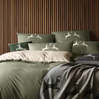 elegante Soft-Flanell Bettwäsche Alpenchic Hirsche Kissenbezug einzeln 40x80 cm | zirbe - grün