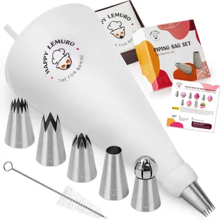 Spritzbeutel mit Tüllen - 5 Extra Große Spritztüllen mit Spritzbeutel aus Baumwolle - Spritztüte für Dekoration von Kuchen, Cupcakes, Spritzgebäck | Tortenspritze | Backutensilien Backzubehör