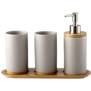 OnePine Badezimmer Accessoires Set Keramik, 4-teilig, Zahnbürstenhalter, Seifenspender, Bambus Fach, Zahnputzbecher
