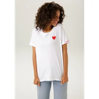 Aniston CASUAL T-Shirt ANISTON CASUAL, Damen, Gr. 40/42, bunt (weiß, rot, pink), Single Jersey, Obermaterial: 100% Baumwolle, bedruckt, bestickt, lässig geschnitten hüftbedeckend, Rundhals, Umschlagbund, Shirts T-Shirt, mit Herz-Applikation und bedrucktem Rücken