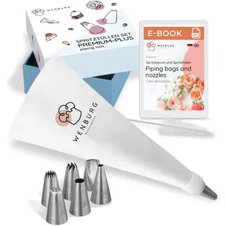Wenburg Spritzbeutel Set - 7 Große Spritzbeutel, Professionelle Edelstahl-Aufsätze für Kuchen, Torten, Cupcake-Dekoration (Set Premium Plus) - Teigspritze Backzubehör Set - Spritzbeutel mit Zubehör
