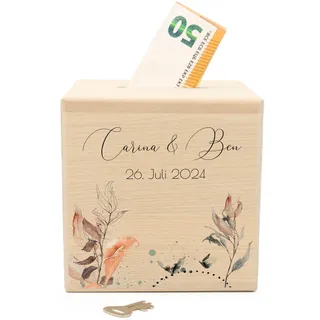 Geschenkfreude Personalisierte Spardose Hochzeit aus Holz mit Namen und Datum 10x10x10cm - Hochzeitsspardose für die Hochzeit und Verlobung - Hochzeitsgeschenke für Brautpaar - Geldgeschenk Floral3