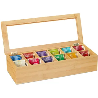 Relaxdays Teebox, Bambus, 12 Fächer, Teekiste mit Sichtfenster, Organizer für Teebeutel, HxBxT: ca. 9x41x16 cm, natur,