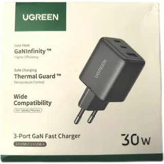 UGREEN 30W 3-Port GaN II Fast Wall Charger USB-A & 2 x USB-C Black (55536)