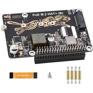 POE M.2 HAT+ (B) Kombiniert PCIe zu M.2 und Power Over Ethernet POE für Raspberry Pi 5, Unterstützt NVMe M.2 2230/2242/2260/2280 SSD, IEEE 802.3af/at POE Netzwerk Standard