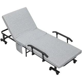 HOMCOM Gästebett Klappbett mit Rollen Reisebett mit 5-stufig Verstellbarer Rückenlehne Stahl 190 x 76 x 33 cm Hellgrau+Schwarz