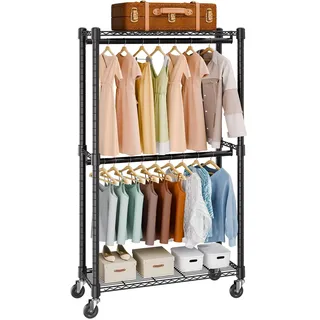 Vevor Rollbarer Kleiderständer Garderobenständer 1 Kleiderstange, 2-lagig, 136 kg Belastbar Strapazierfähiger Rollbarer Kleiderständer für Schlafzimmer, Wäscheraum, Ankleidezimmer, Eingang usw.
