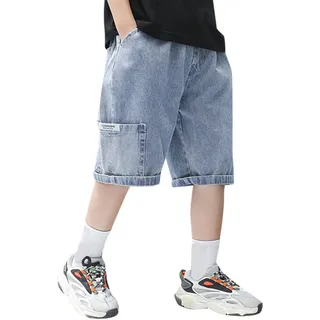 Cargo Jeans Shorts Jungen Kurze Hosen Kinder Sommer Lässige Leicht Jeanshose Atmungsaktive Shorts mit Elastischem Bund Baggy Mode Outdoor Kurzehose Streetwear Sommerhose (Blue, 13-14 Jahre) - 13-14 Jahre