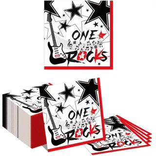 Tapufitil 80 Stück Rock Music Papierservietten, Gitarre Stern Motiv Servietten mit ONE Rocks, 33x33cm Einweg Servietten für Rock-Themen-Party Musik Party Dekoration