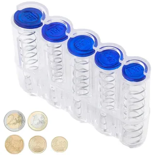 Münzbox mit 5 Fächern,Münzbox Euro-Münzen,Münzsortierer,Kleingeld Sortierer für 2€,1€,50 Cent,20 Cent und 10 Cent,Kompakter Münzhalter,Münzen Box für Kellner,Fahrer und Marktverkäufer (Transparent)