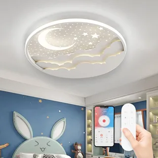 AHXIAOZN LED Kinder Deckenlampe, Stern Mond Deckenleuchte Mit Fernbedienung, Stufenloses Dimmbar Kinderzimmer Deckenleuchten, Schlafzimmer Decke Kindergarten Beleuchtung(Weiß)