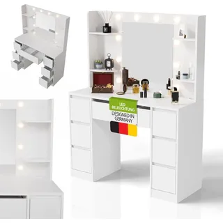 Juskys Schminktisch Malia mit LED-Spiegel, Helligkeit & Farbtemperatur individuell einstellbar, viel Stauraum – Weiß