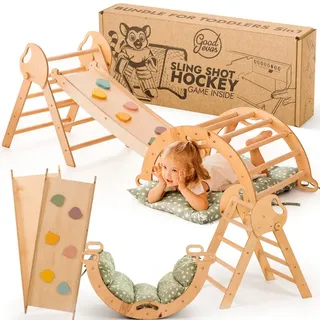 goodevas Montessori Kletterdreieck Set | Klettergerüst Indoor Holz mit Dreieck, Wippe, Rutsche & Kissen, Umbaubar, 1-3 Jahre, Beige mit grünem Kissen