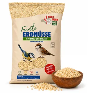 Paul ́s Mühle - 5kg Erdnüsse gehackt für Vögel & Wildvögel Neue Ernte 2026 | Erdnusskerne & Erdnussbruch schalenfrei, geviertelt - Vogelfutter & Wildvogelfutter ganzjährig blanchiert für Futterstelle