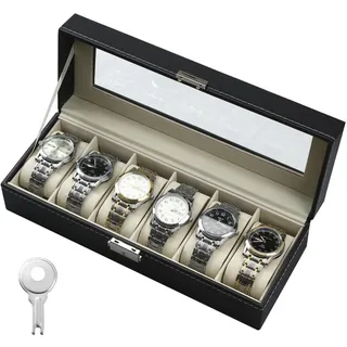 DUBUOZA Uhrenbox mit 6 Fächern, Uhrenkasten mit Glasdeckel, Aus Samt, geeignet für die Aufbewahrung von Uhren, Schmuck, etc, das beste Geschenk für Männer