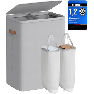 Songmics Wäschekorb 170 L mit 2 Fächern 56 x 40 x 75 cm, taubengrau