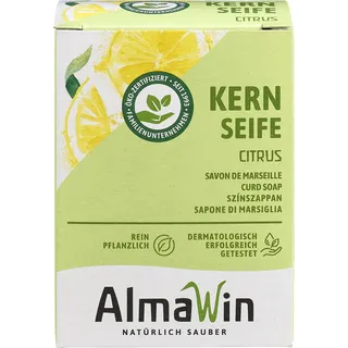 AlmaWin® Kernseife mit zartem Zitronenduft [2x 100g] - Stückseife für sanfte Hautreinigung - Vegane Kernseife Bio für gründliche Reinigung in Haushalt & Werkstatt - Kernseife Zitrone, Seife