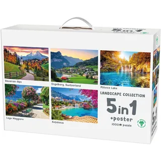Landschafts-Puzzle-Set 5-in-1 mit Poster, 1000 Teile, Europäische Landschaften - Bayerische Alpen, Engelberg, Plitvicer Seen, Lago Maggiore, Kefalonia