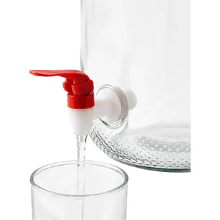 Relaxdays Getränkespender, 10 Liter, Glas, Kaltgetränke, Zapfhahn, Deckel, Tragegriff, Wasserspender, transparent/rot