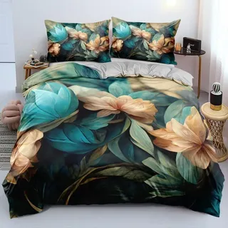 Luofanfei Bettwäsche Blumen 200x200 Blau Petrol Grau Vintage 3D Blüten Pflanzen Bettwäsche Set Orientalisch Geblümt Floral Blümchen Muster Microfaser Bettbezug Doppelbett Set und 2 Kissenbezüge 80x80