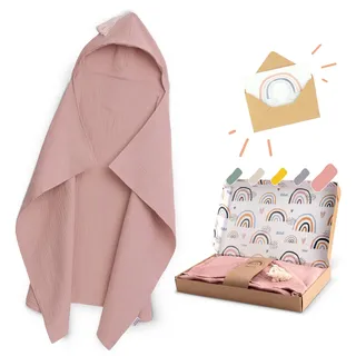 Räuberella® Kapuzenhandtuch-Baby in Alt-Rosa I 75x100cm I Musselin-Badetuch-Baby aus 100% Bio-Baumwolle I Saugfähiges Babyhandtuch mit Kapuze I Badehandtuch-Geschenkset inkl. Verpackung & Karte