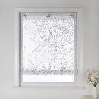 CORLIF Raffrollo mit Ösen ohne Bohren Zweige Muster Raffgardinen mit Heißprägemuster Rollos Gardinen Landhaus Küche Transparente Ösenrollo Modern für Fenster BxH 80x140 cm 1 Stück,Silber