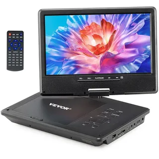 Vevor tragbarer DVD-Player mit drehbarem HD-Bildschirm (228 mm), eingebauter Akku mit 4 Std. Laufzeit, 2 Lautsprecher, unterstützt Synchronisierung von TV/USB/SD-Karte/CD/DVD, Autoladegerät schwarz