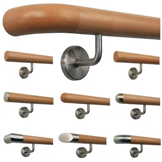 TIBU Buche Geländer Handlauf Treppe Holz Griff gew. Edelstahlhalter, Länge 30 - 500 cm aus einem Stück / Variante:120 cm mit 2 Halter Holzkrümmling