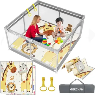GERCHAM Laufstall Baby, 120x120cm Laufgitter Baby mit Spielmatte, Laufstall Faltbar mit Schaum Matte, Kinder Laufgitter mit Atmungsaktivem Netz an Vier Seiten und Saugnäpfen