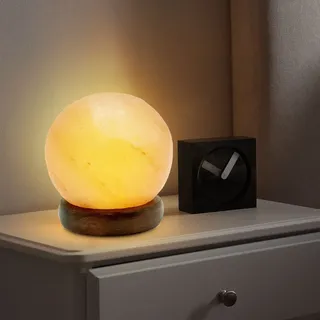 Beistellleuchte Tischleuchte Nachttischlampe Kugel Salzkristall Deko LED Holz