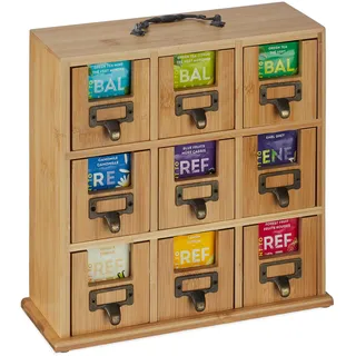 Relaxdays Tee Organizer, 9 Fächer, Bambus, HxBxT: 29 x 30 x 11,5 cm, zum Hinstellen o. Aufhängen, Teeaufbewahrung, Natur