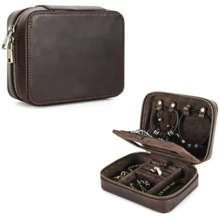 Hiram Schmuckkästchen, Retro-Leder-Aufbewahrungs-Organizer für Ohrringe, Ringe, Halsketten, Armbänder, rechteckige Reise-Schmuckschatulle mit Make-up-Spiegel für Herren (Kaffee)