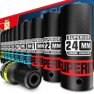 KIRXST Schlagschrauber Nüsse Set 1/2 Zoll, 10-24 mm Schlagnüsse 11 tlg, Langnüsse Set, Kraft Stecknüsse mit 1/2 auf 1/4 Adapter für Pneumatische und Elektrische Schlagschrauber