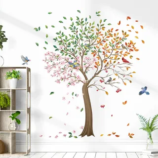wondever Wandtattoo Vögel auf Baum Groß Wandaufkleber Frühling Sommer Herbst Winter Baum Blumen Wandsticker Wanddeko für Schlafzimmer Wohnzimmer TV Hintergrund (H: 160cm)