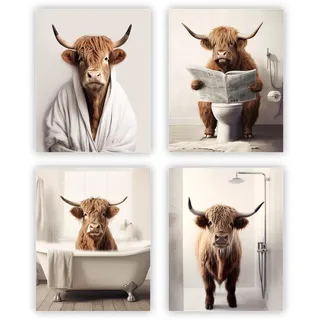 heilkee Lustiges Hochlandkuh Badezimmer-Dekor, Tier, Badezimmer, Wandkunst, braunes Rind in der Badewanne, Bild, rustikaler Bauernhaus-Stil, Poster, Drucke, Kuh in WC, Dekoration, 4 Stück (ungerahmt,