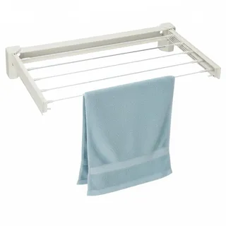 Spetebo Wand Wäschetrockner weiß 71 x 37 cm ausziehbar - 3,5 m Trockenleine - Wäscheständer zum Ausziehen zur Wandmontage - Wandtrockner Trockenständer mit 5 Stangen und Handtuchhalter platzsparend
