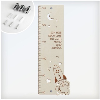 Namofactur Messlatte Kinder Holz Messlatte „Ich hab dich lieb bis zum Mond..” Junge Mädchen, Skala von 80-130 cm, Inkl. Edelstahl Wandhalterung Set beige