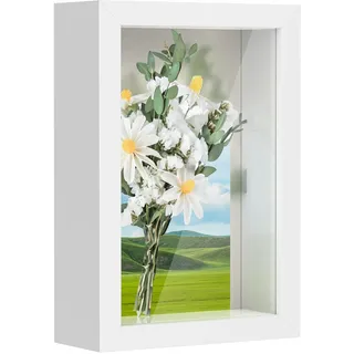 Anhow 3D Bilderrahmen zum Befüllen, 3D Bilderrahmen Tiefer Objektrahmen 10 x 15 cm mit Transparente Echtglas für Tischplatte und Wand - Weiß/ 3cm