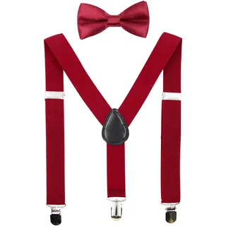 HANERDUN Unisex Hosenträger mit Fliege für Jungen und Mädchen, Befestigung mit drei Kleiderclipse am Hosenbund möglich, Weinrot, Einheitsgröße - Einheitsgröße