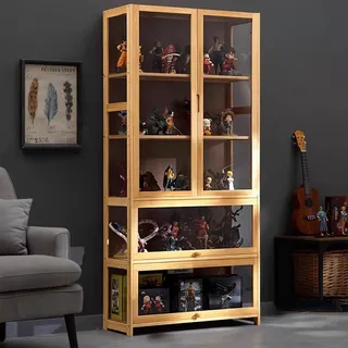 KUYATE Glasvitrine, antiker Vitrine mit Glastür, antiker Schrank, Vitrine, natürlicher Bambusrahmen, Einzel-/Doppeltür-Design, praktische Aufbewahrung, 80 x 32 x 170 cm, Holzfarbe
