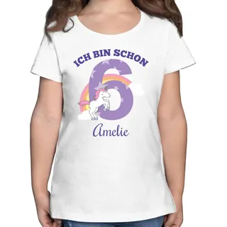 T-Shirt Mädchen - 6. - Ich Bin Schon 6 - Einhorn Unicorn Fabelwesen - Sechster Geburtstag - 128 (7/8 Jahre) - Weiß - t Shirts zum Tshirt Birthday Shirt Geburtstags Jahre personalisierte für - 128