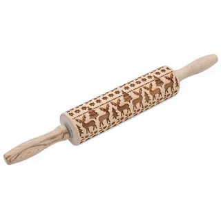 Spetebo - Holz Teigroller mit geprägtem Weihnachtsmotiv 39 x 5 cm - Keksteig Roller mit Rentier Prägemuster - Präge Nudelholz mit Muster für