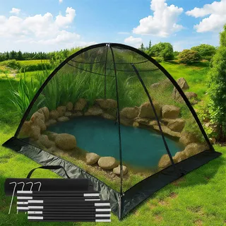 Yoojahow Teichabdeckung, Kuppelnetz, 2,4 x 3 m, Teichabdeckungszelt mit Reißverschluss, Aufbewahrungsgurte, Fiberglas-Stangen, Bodennägel, Bindeseile für den Außenbereich, Garten, Fischpool, Schutz