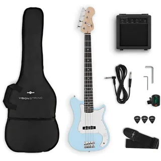 VISIONSTRING E-Bass 3/4 mit Verstärker, Starter-Set für Kinder, blau | Für Kinder und Anfänger, C-Shape-Hals, Dual-Cutaway, inkl. 10W-Verstärker, Gigbag, Gurt, Plektren und Stimmgerät